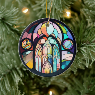 Stained Glass Cathedral Window Christmas Photo Ceramic Ornament