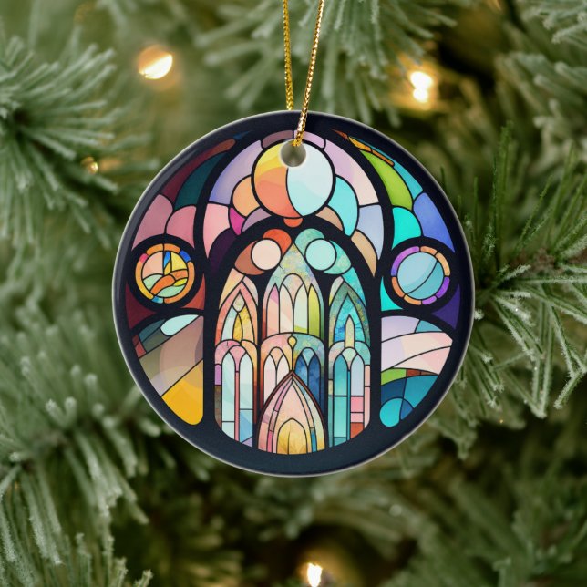 Stained Glass Cathedral Window Christmas Photo Ceramic Ornament (Tree)