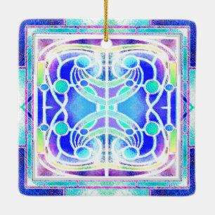  Stained Glass Cathedral Window in Blue and Green Ceramic Ornament