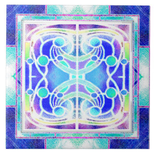 Stained Glass Cathedral Window in Blue and Green Ceramic Tile