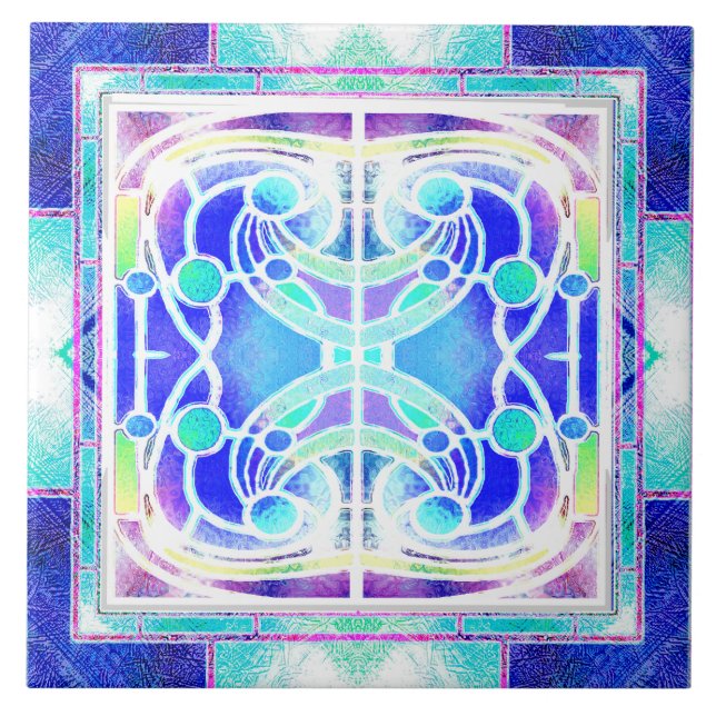  Stained Glass Cathedral Window in Blue and Green Ceramic Tile (Front)