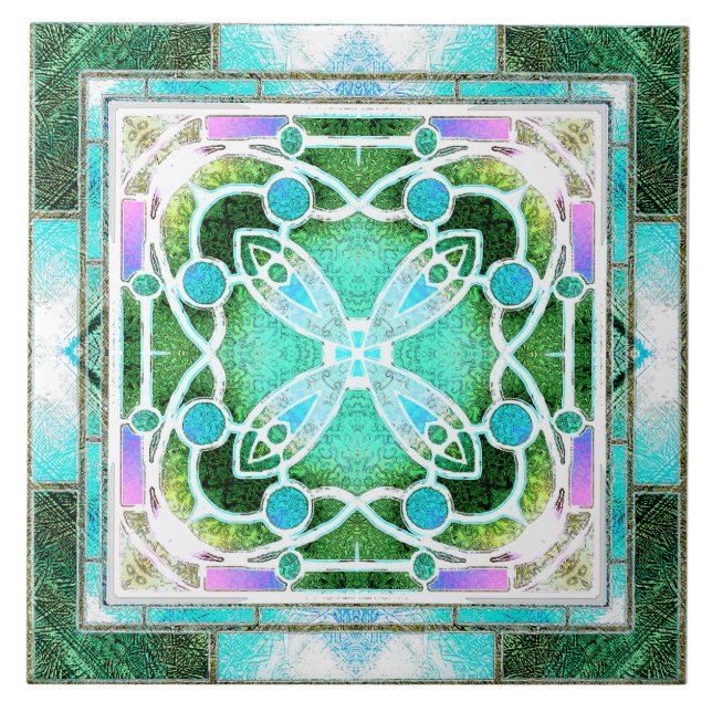  Stained Glass Cathedral Window in Green and Mint Ceramic Tile (Front)