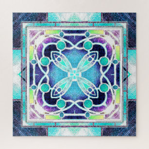 Stained Glass Cathedral Window in Navy and Aqua Jigsaw Puzzle