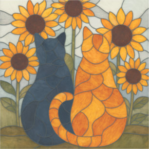 Stained Glass Cats and Sunflowers Art Design