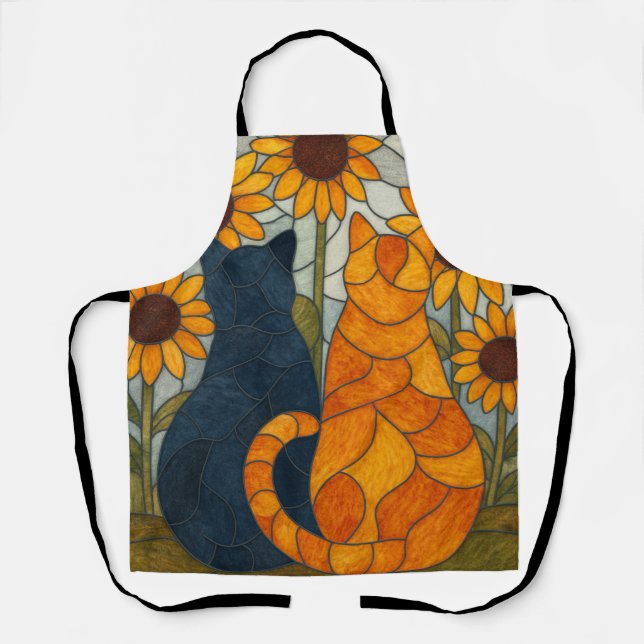 Stained Glass Cats and Sunflowers Art Design Apron (Front)