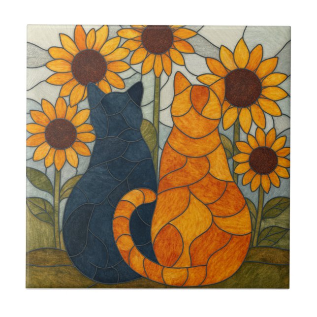 Stained Glass Cats and Sunflowers Art Design Ceramic Tile (Front)