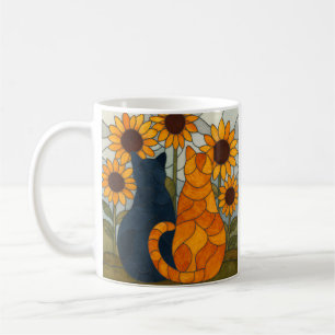 Stained Glass Cats and Sunflowers Art Design Coffee Mug