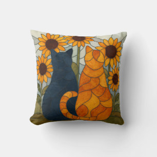 Stained Glass Cats and Sunflowers Art Design Cushion