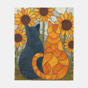 Stained Glass Cats and Sunflowers Art Design Fleece Blanket