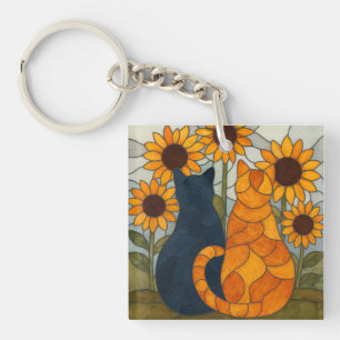 Stained Glass Cats and Sunflowers Art Design Key Ring