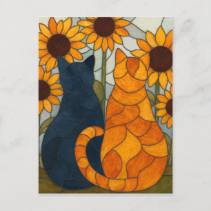 Stained Glass Cats and Sunflowers Art Design Postcard