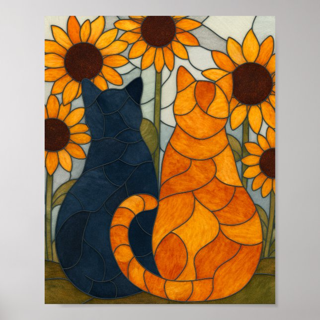 Stained Glass Cats and Sunflowers Art Design Poster (Front)