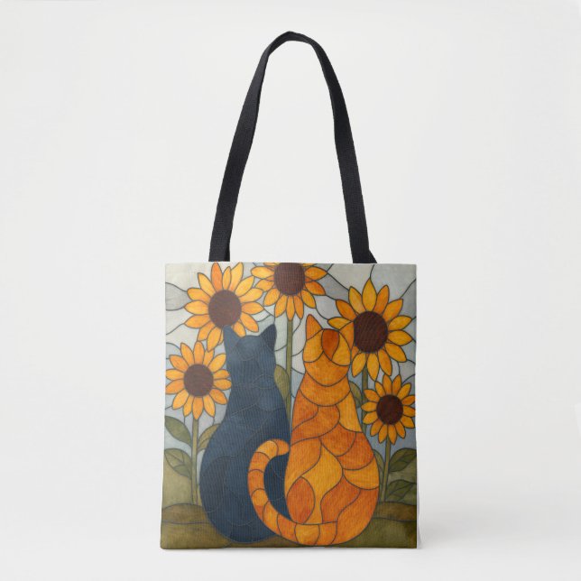 Stained Glass Cats and Sunflowers Art Design Tote Bag (Front)