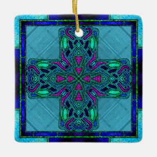 Stained Glass Celtic Cross in Blue and Aqua Ceramic Ornament