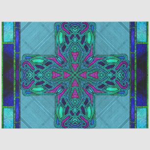 Stained Glass Celtic Cross in Blue and Aqua Tissue Paper