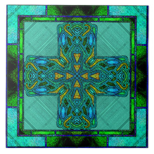 Stained Glass Celtic Cross in Gold and Green Ceramic Tile