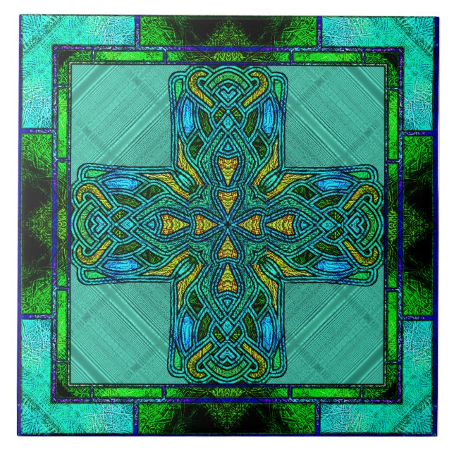 Stained Glass Celtic Cross in Gold and Green Ceramic Tile (Front)