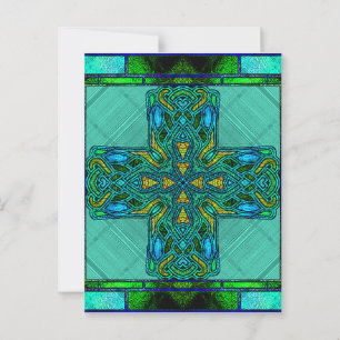 Stained Glass Celtic Cross in Gold and Green Postcard
