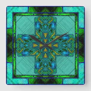 Stained Glass Celtic Cross in Gold and Green Square Wall Clock