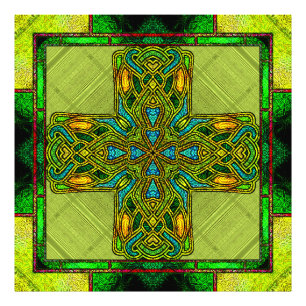 Stained Glass Celtic Cross in Lime Green and Gold Photo Print