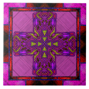 Stained Glass Celtic Cross in Pink and Purple Ceramic Tile