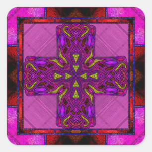 Stained Glass Celtic Cross in Pink and Purple Square Sticker
