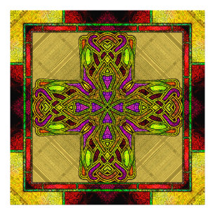 Stained Glass Celtic Cross in Red and Gold Photo Print