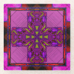 Stained Glass Celtic Cross in Red and Rose Coaster