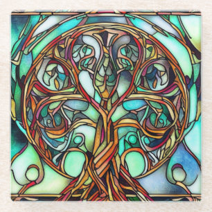 STAINED GLASS CELTIC TREE OF LIFE COASTER
