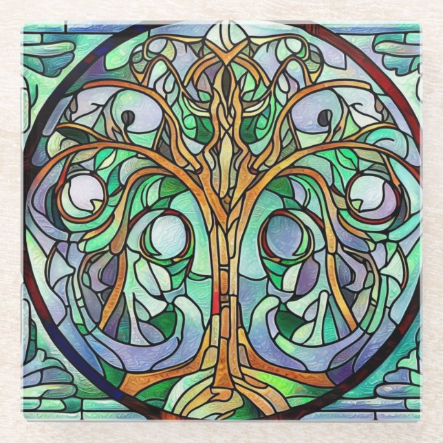 STAINED GLASS CELTIC TREE OF LIFE  COASTER (Front)