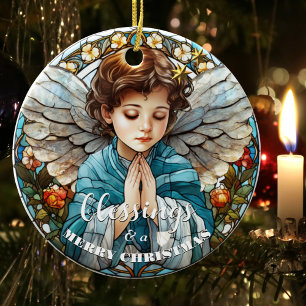Stained Glass Christmas Angel Blessings Ceramic Ornament
