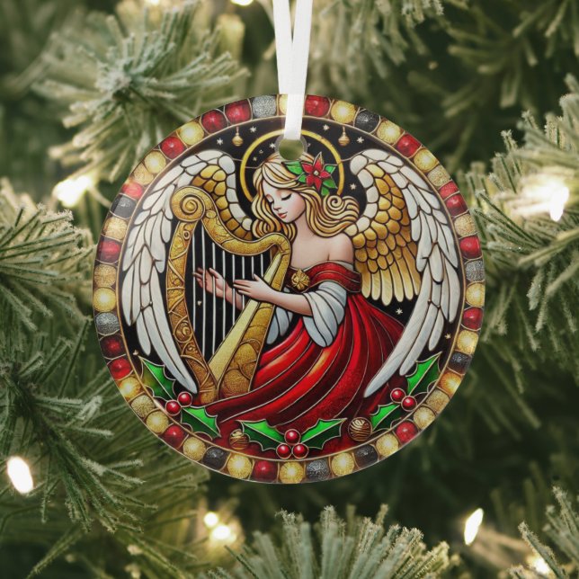 Stained Glass Christmas Angel playing a harp Glass Tree Decoration (Insitu)