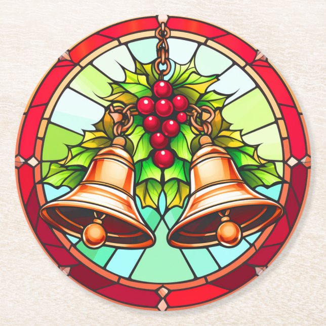 Stained Glass Christmas Bells with Holly Round Paper Coaster (Front)