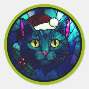 Stained-Glass Christmas Black Cat In Red Hat Classic Round Sticker