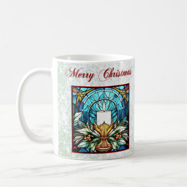 Stained Glass Christmas Candle Holly Green Glitter Coffee Mug (Left)