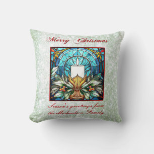 Stained Glass Christmas Candle Holly Green Glitter Cushion