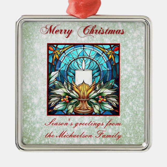 Stained Glass Christmas Candle Holly Green Glitter Metal Ornament (Front)