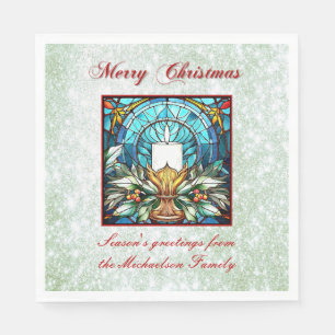 Stained Glass Christmas Candle Holly Green Glitter Napkin