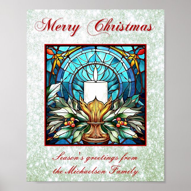 Stained Glass Christmas Candle Holly Green Glitter Poster (Front)