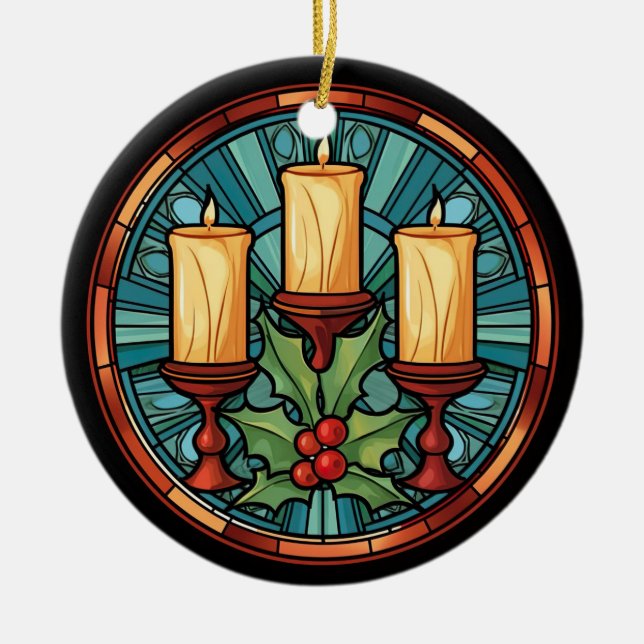 Stained Glass Christmas Candles  Ceramic Ornament (Front)