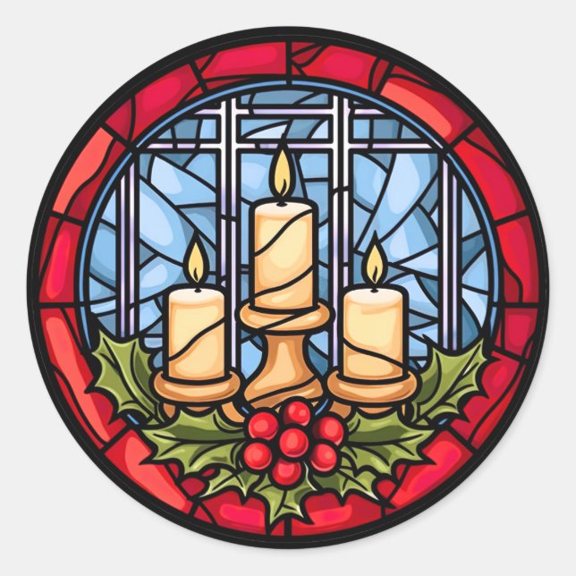 Stained Glass Christmas Candles  Classic Round Sticker (Front)
