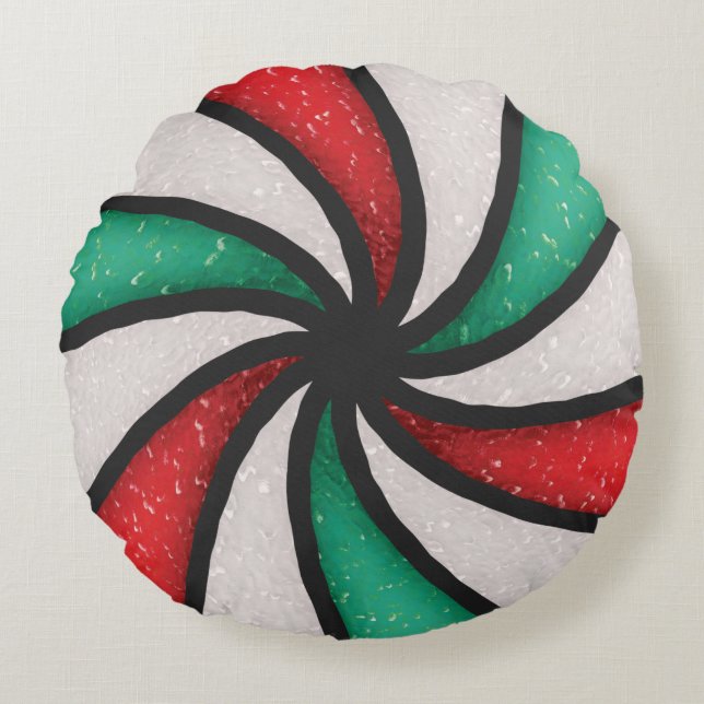 Stained Glass Christmas Candy Peppermint Mint Round Cushion (Front)