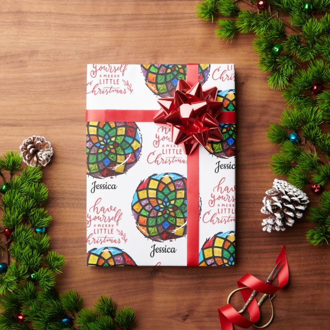 Stained Glass Christmas customisable Name  Wrapping Paper (Holiday Gift)