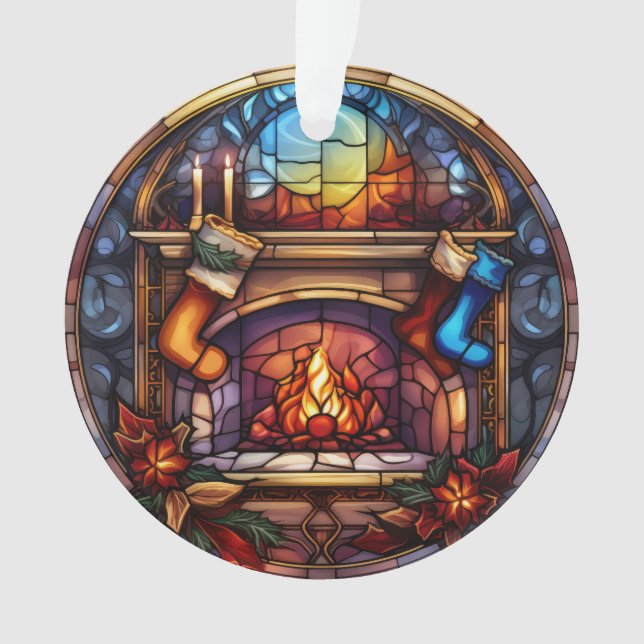Stained Glass Christmas Fireplace Scene Ornament (Front)