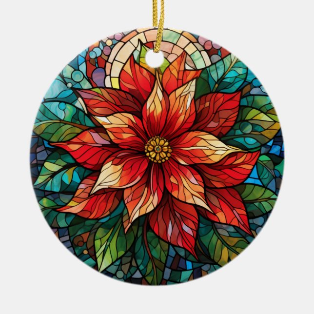 Stained Glass Christmas Flower red Poinsettia Ceramic Ornament (Front)