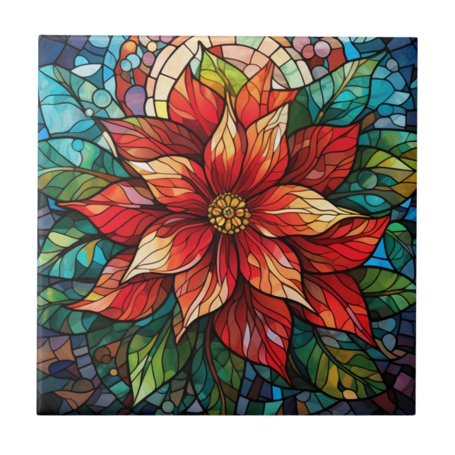 Stained Glass Christmas Flower red Poinsettia Ceramic Tile (Front)