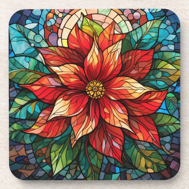 Stained Glass Christmas Flower red Poinsettia Coaster (Front)
