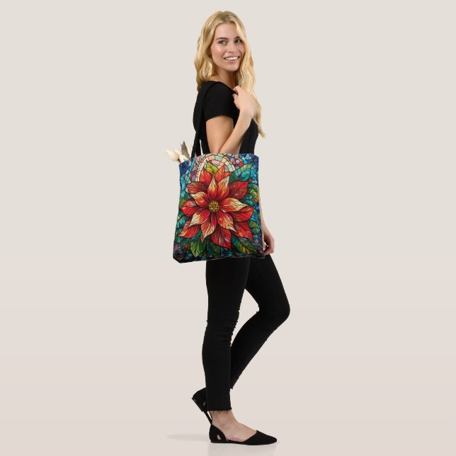 Stained Glass Christmas Flower red Poinsettia Tote Bag (On Model)