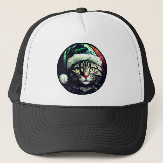 Stained-Glass Christmas Grey Tabby In Green Hat