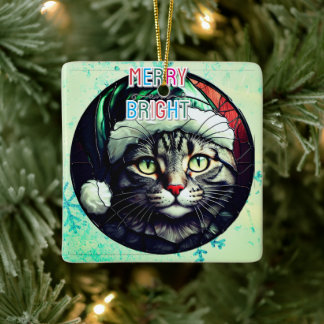 Stained-Glass Christmas Grey Tabby In Green Hat Ceramic Ornament